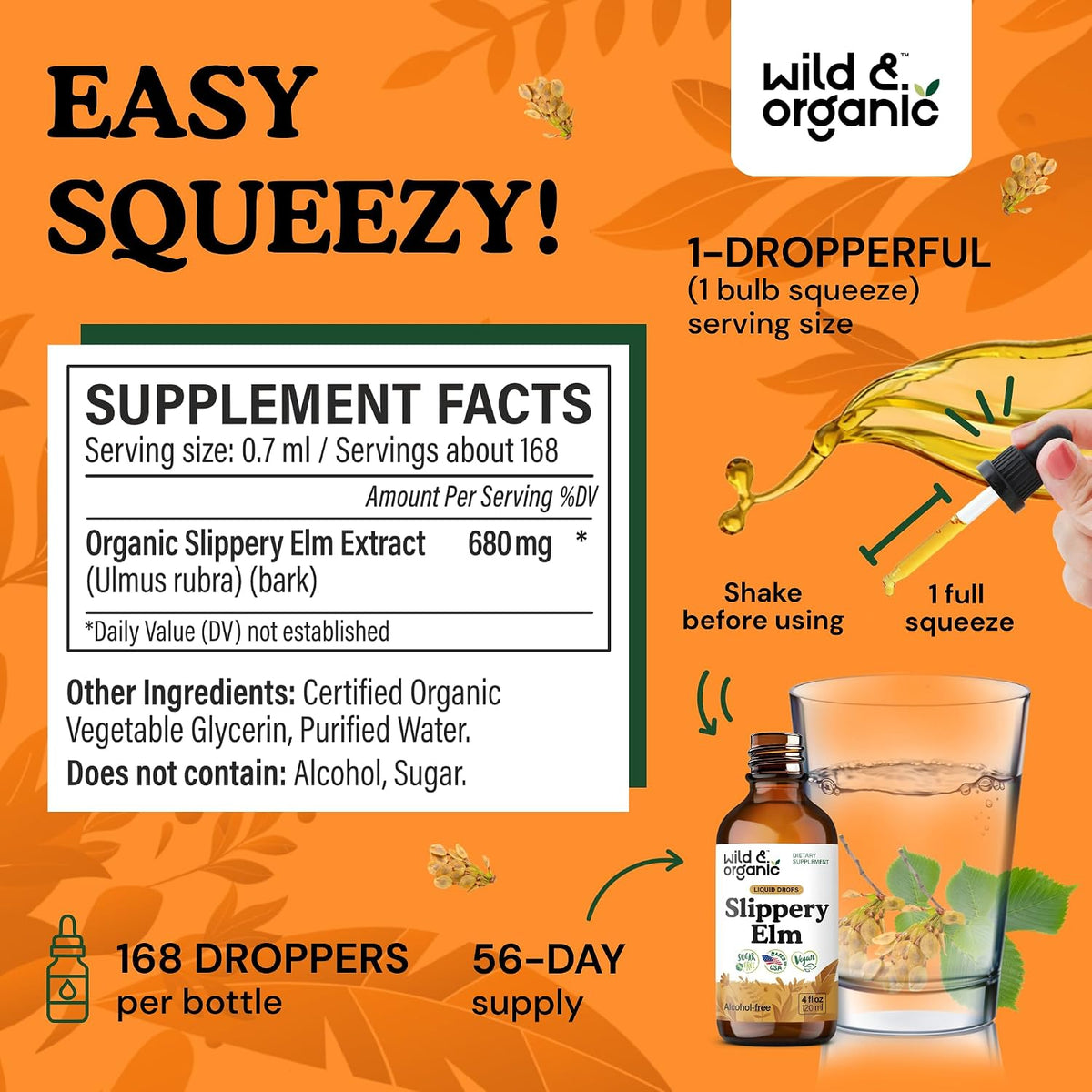 Wild & Organic Slippery Elm Liquid Drops - Lung, Digestive & Women's Support - Slippery Elm Bark Supplement - Add to Tea Tincture - Ulmus Rubra Herb - Vegan, Sugar & Alcohol-Free - 118 ml (4 fl oz) - görsel 3