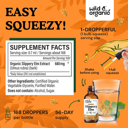 Wild & Organic Slippery Elm Liquid Drops - Lung, Digestive & Women's Support - Slippery Elm Bark Supplement - Add to Tea Tincture - Ulmus Rubra Herb - Vegan, Sugar & Alcohol-Free - 118 ml (4 fl oz)