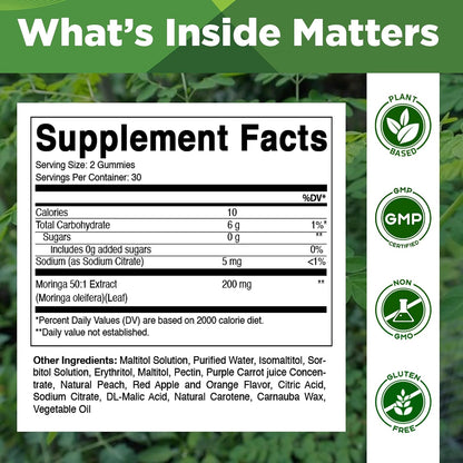 Vitamatic Moringa Gummies – Sugar-Free, Vegan, 200mg Superfood Extract (60 Count)