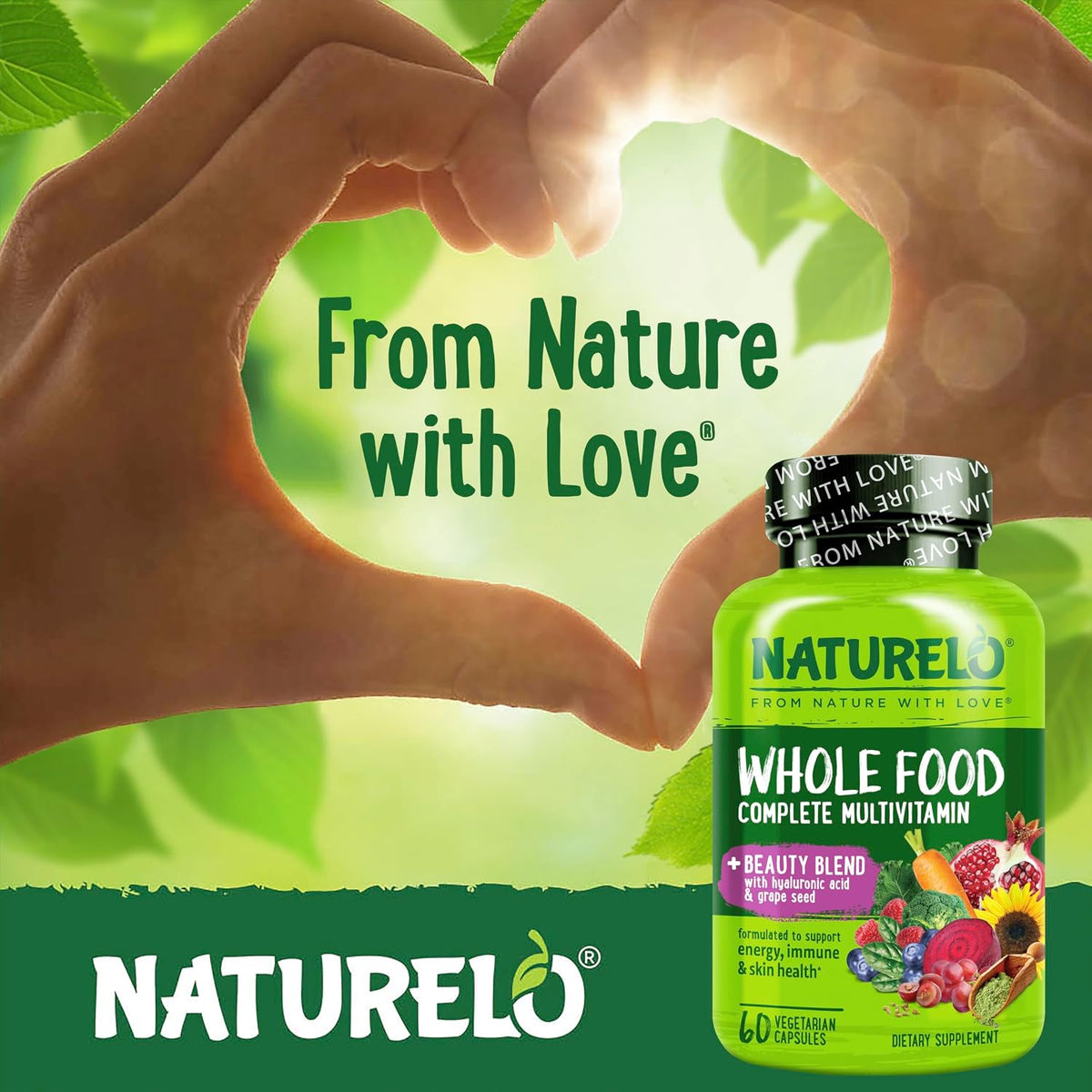 NATURELO Whole Food Multivitamin with Extra Hair, Skin & Nails Support - Beauty Blend with Hyaluronic Acid & Grape Seed, 60 Vegan Capsules (Pack of 2) - görsel 6