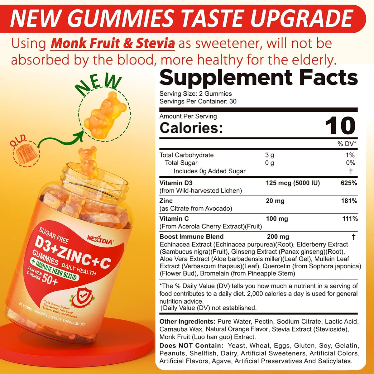 Sugar Free Vitamin C + D3 + Zinc Gummies for Adults 50+, 9 in 1 Immune Defence Supplement with D3 5000IU, Elderberry, Echinacea, Mullein Leaf - Vegan (Pack of 1) - görsel 2
