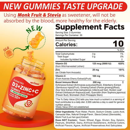 Sugar Free Vitamin C + D3 + Zinc Gummies for Adults 50+, 9 in 1 Immune Defence Supplement with D3 5000IU, Elderberry, Echinacea, Mullein Leaf - Vegan (Pack of 1)