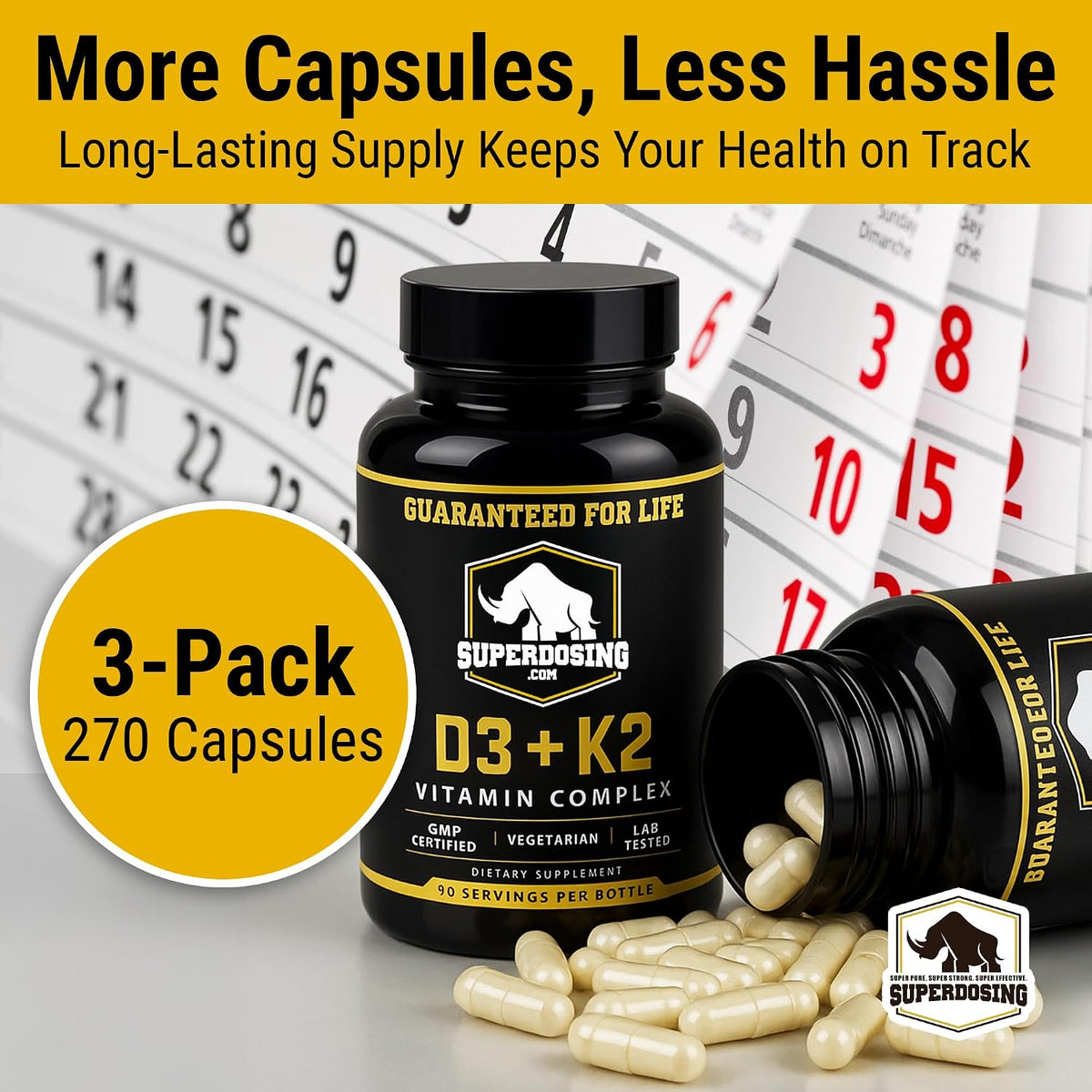 SuperDosing.com Vitamin D3 and K2 Supplement, 10000 IU D3 + 1500 mcg K2 (MK-4), 3 Bottles - görsel 3