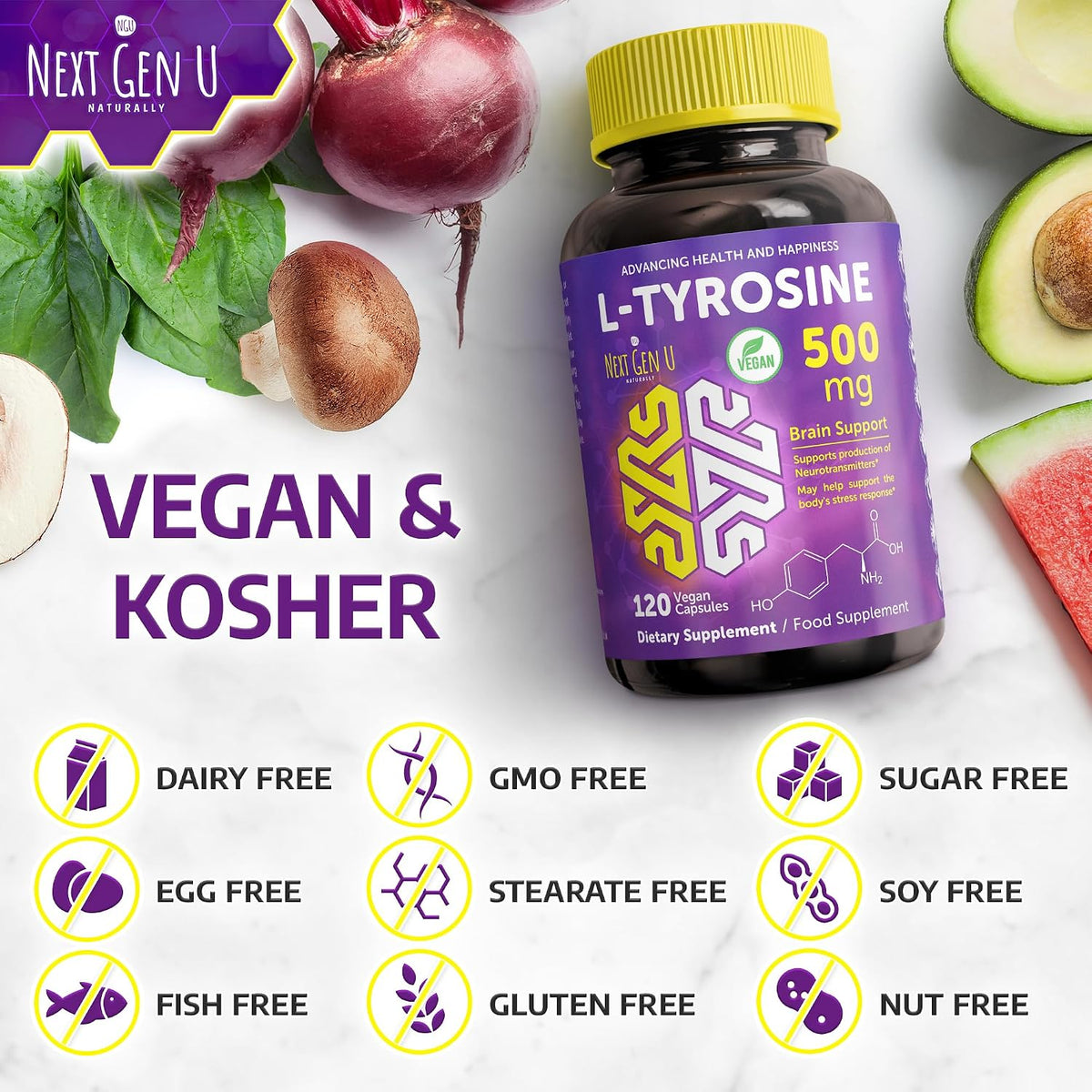 L-Tyrosine 500 mg, 120 Vegan Capsules - Mood and Brain Support by NextGenU - görsel 5