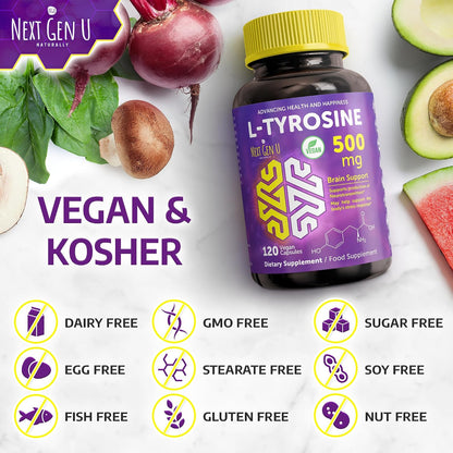 L-Tyrosine 500 mg, 120 Vegan Capsules - Mood and Brain Support by NextGenU