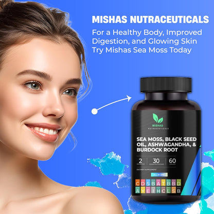Mishas Nutraceuticals Sea Moss Blend with Black Seed Oil, Ashwagandha, Turmeric, Bladderwrack, Burdock Root, Vitamin C & D3, Elderberry, Manuka, Dandelion, Yellow Dock, Iodine, Chlorophyll & ACV