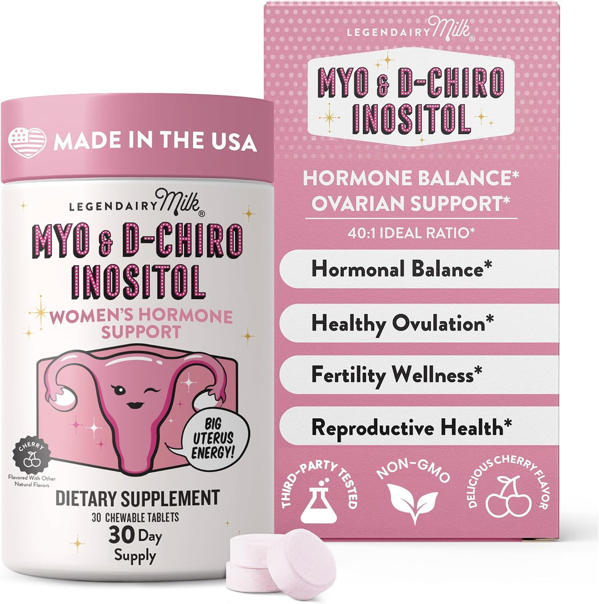 Legendairy Milk Myo Inositol and D Chiro Inositol Supplement for Women, 40:1 Ratio, Sugar Free, Vegan, Chewable Tablets, Cherry Flavour, 30 Day Supply - görsel 1