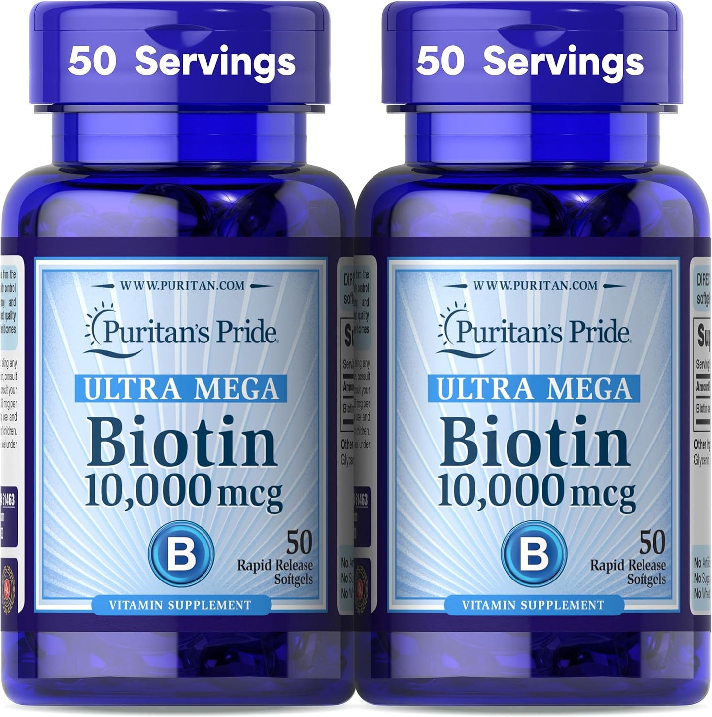 Puritan's Pride Premium Ultra Mega Biotin 10,000mcg, Food Supplement for Hair, Skin and Nails, and Energy Metabolism Support, 100 Day Supply, 50 Rapid-Release Soft gel capsule Capsules, Twin Pack - görsel 1