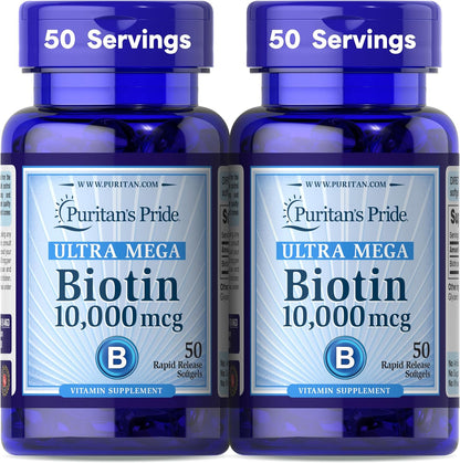 Puritan's Pride Premium Ultra Mega Biotin 10,000mcg, Food Supplement for Hair, Skin and Nails, and Energy Metabolism Support, 100 Day Supply, 50 Rapid-Release Soft gel capsule Capsules, Twin Pack