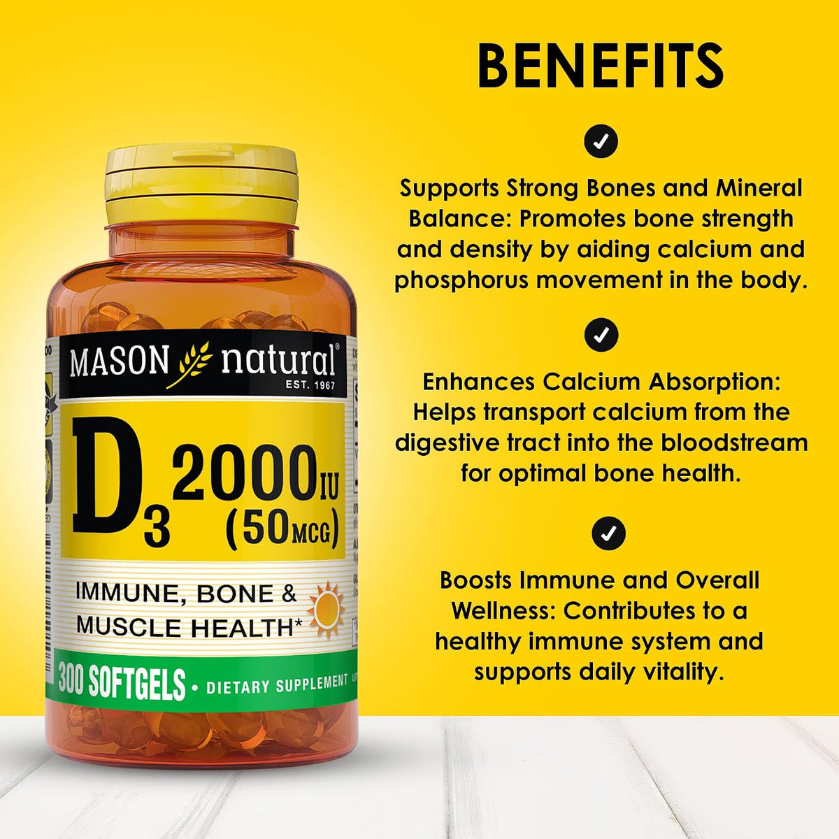 MASON NATURAL Vitamin D3 2,000 IU Ultra Strength, 300 Softgels – Supports Normal Bone Density and Immune Function - görsel 2