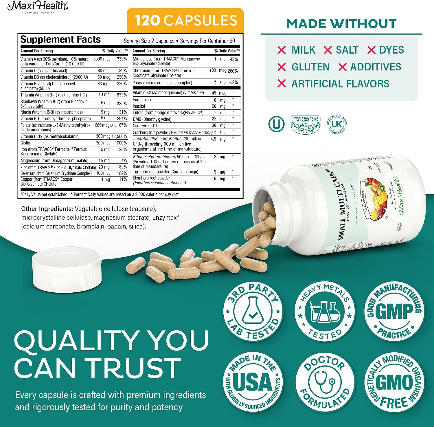 Maxi Health Multivitamin – Easy-to-Swallow Multi Vitamin Capsules with 30 Nutrients, Iron & Probiotics – Kosher Daily Multivitamins for Wellness Support and Digestive Ease (120 Capsules) - görsel 6