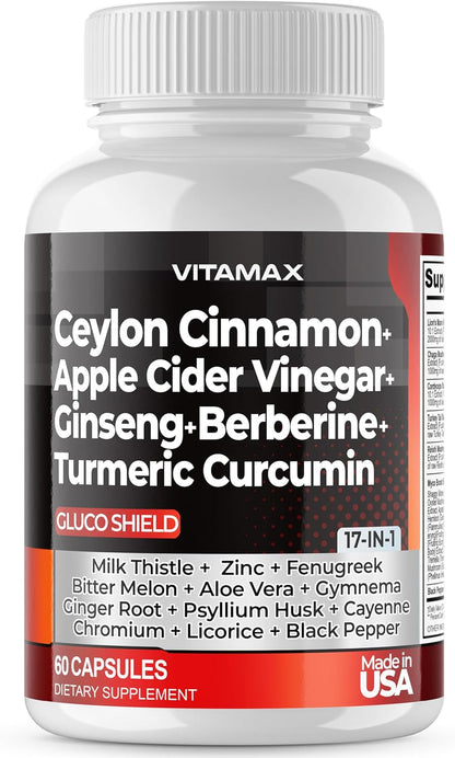 Vitamax Gluco Health Support - 16-in-1 Herbal Blend with Ceylon Cinnamon, ACV, Turmeric - 60 Capsules