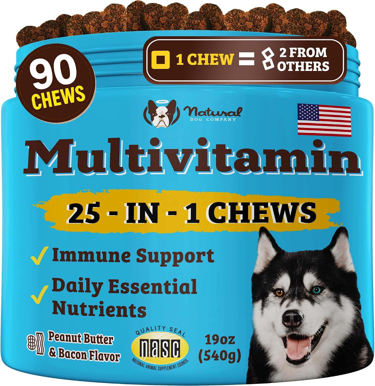 Natural Dog Company 25-in-1 Multivitamin for Dogs – Vet-Formulated Soft Chews for Puppies, Adults & Seniors, Supports Joints, Skin, Coat, Immune & Heart Health, NASC Certified, 90 Count - görsel 1