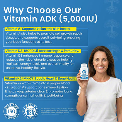 LifeStrength ADK 5 - Vitamin A, D3 5000 IU & K2 (MK-7) Supplement - 90 Capsules