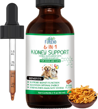 FURIEND Veterinary Formulated Kidney Support for Cats & Dogs - 6-in-1 Liquid with Herbal Blend & Vitamin B Complex - Bacon Flavour - 2 fl oz (59 ml)