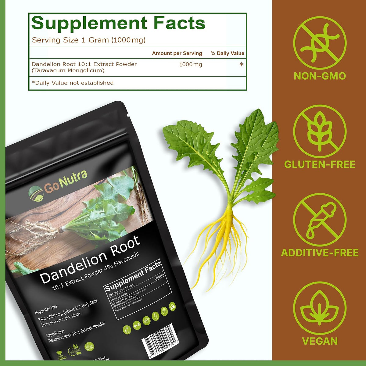 Go Nutra Dandelion Root Powder - Concentrated 10:1 Extract, Caffeine Free, Non-GMO, Vegan (454g) - görsel 3