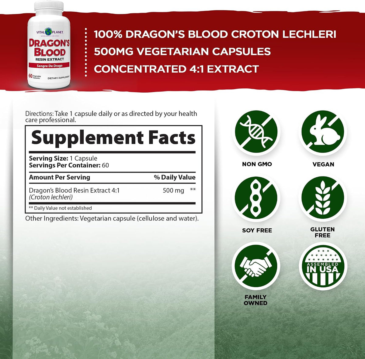 Vital Planet Dragon's Blood Resin Extract – 500mg, 60 Capsules - görsel 2