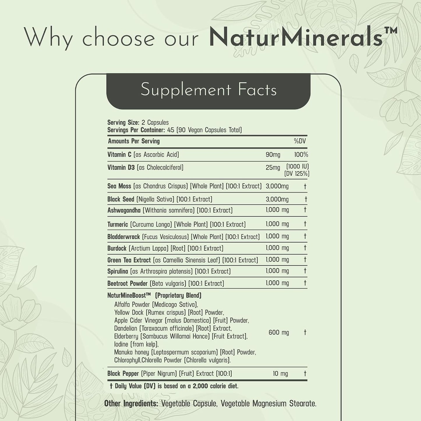 Black Seed Oil 3000mg Sea Moss 3000mg Ashwagandha 1000mg Turmeric 1000mg Burdock 1000mg Bladderwrack 1000mg with Elderberry, Manuka, Chlorophyll, Dandelion & Yellow Dock - 90 Vegan Capsules - görsel 2