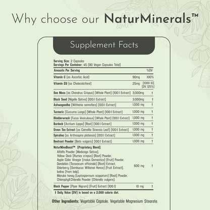 Black Seed Oil 3000mg Sea Moss 3000mg Ashwagandha 1000mg Turmeric 1000mg Burdock 1000mg Bladderwrack 1000mg with Elderberry, Manuka, Chlorophyll, Dandelion & Yellow Dock - 90 Vegan Capsules