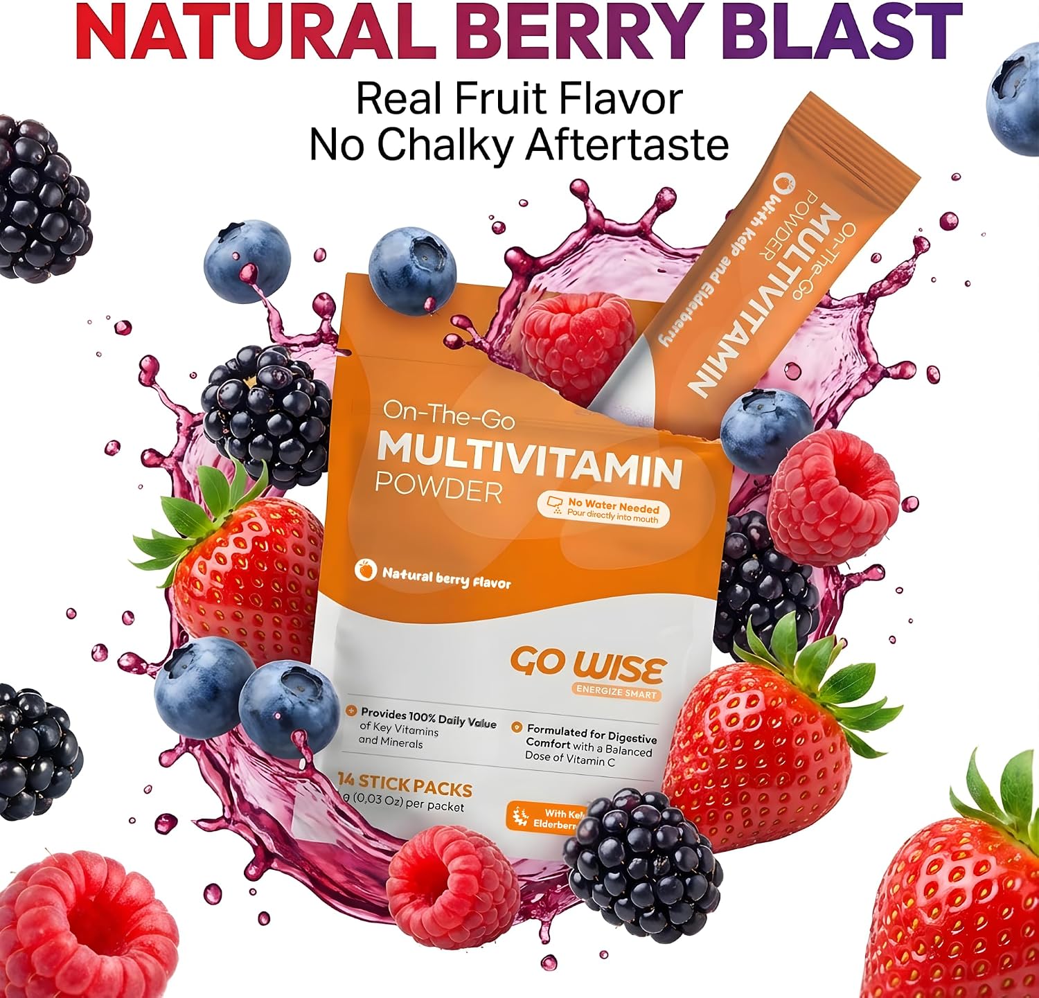 Go Wise Multivitamin Powder for Women and Men – No Water, No Pills | Vitamin B Complex, Vitamin D3, Zinc & Elderberry | Bariatric Multivitamin | Vegan Immune and Energy Support | Natural Berry - görsel 6