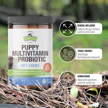 Strawfield Pets Puppy Multivitamin + Probiotics with Joint Support, Peanut Butter Flavour, 120 Soft Chews