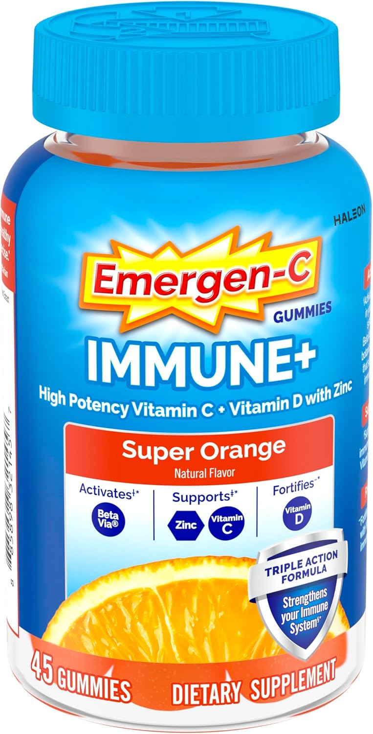 Emergen-C Immune+ Triple Action Immune Support Gummies with BetaVia, 750mg Vitamin C, B Vitamins, Vitamin D and Antioxidants, Super Orange Flavour - 45 Count - görsel 1