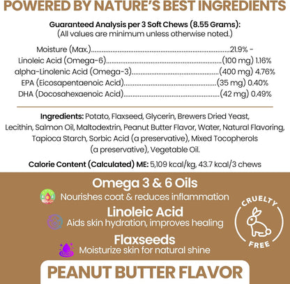 Omega-3 Fish Oil for Dogs, 180 Soft Chews - Salmon Oil Skin & Coat Supplement, Dog Allergy & Itch Relief, Hot Spots, Anti-Shedding - EPA & DHA Fatty Acids - Peanut Butter Flavour - Made in the USA - Chew + Heal