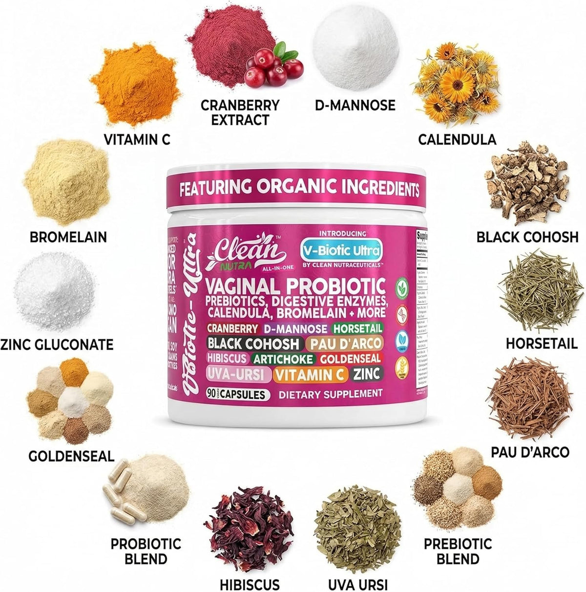 Clean Nutra Vaginal Probiotics for Women with Prebiotics, Digestive Enzymes and Cranberry - 90 Vegan Capsules - görsel 4