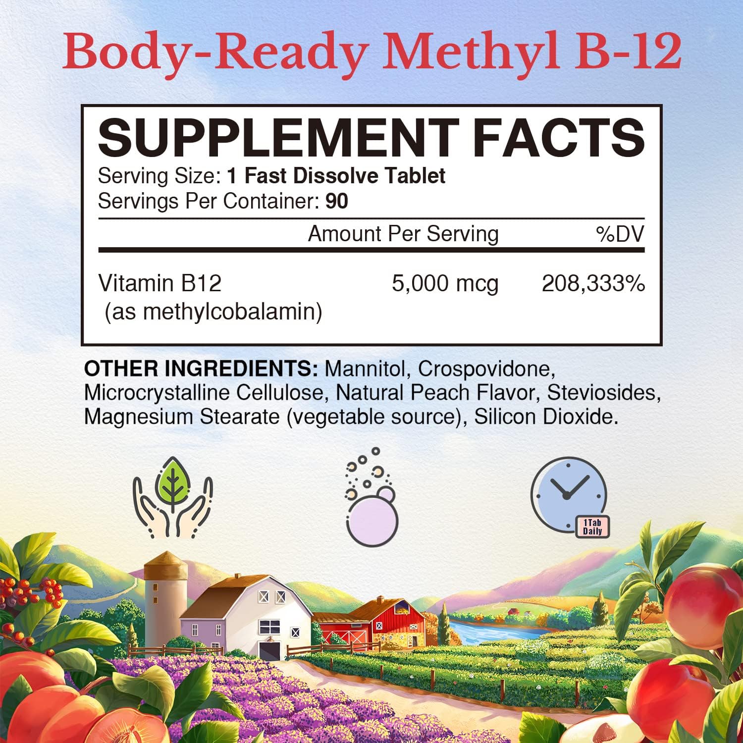 Vitalitown Vitamin B12 (Methyl B12) 5000 mcg – Bioactive Fast Dissolve Tablets, Natural Peach Flavour, Sugar-Free, 90 Count - görsel 2
