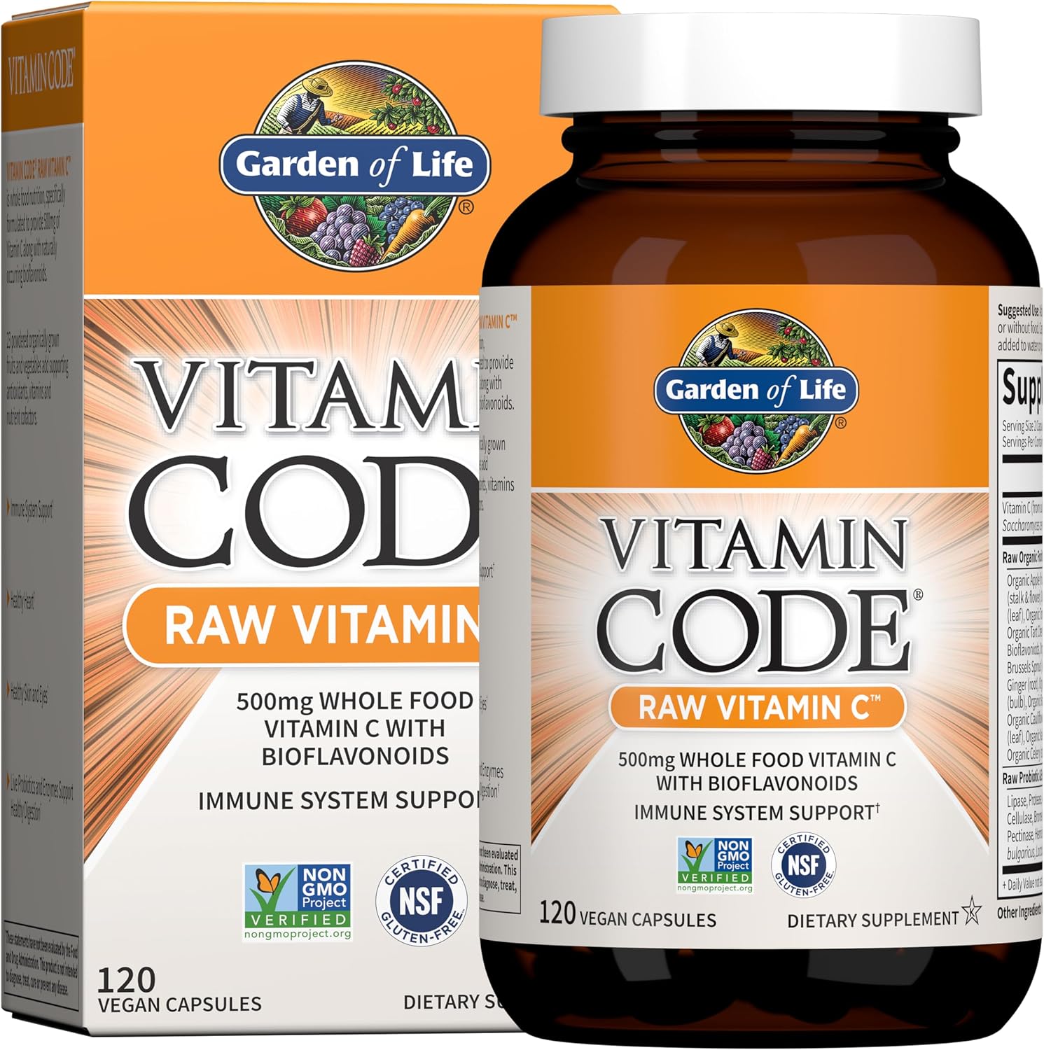 Garden of Life Vitamin Code Raw Vitamin C - 120 Capsules, 500mg Whole Food Vitamin C Capsules + Fruit & Vegetable Blend & Probiotics, Supplements for Adults, Vegan, Gluten-free - görsel 1