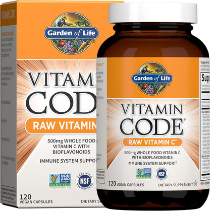 Garden of Life Vitamin Code Raw Vitamin C - 120 Capsules, 500mg Whole Food Vitamin C Capsules + Fruit & Vegetable Blend & Probiotics, Supplements for Adults, Vegan, Gluten-free