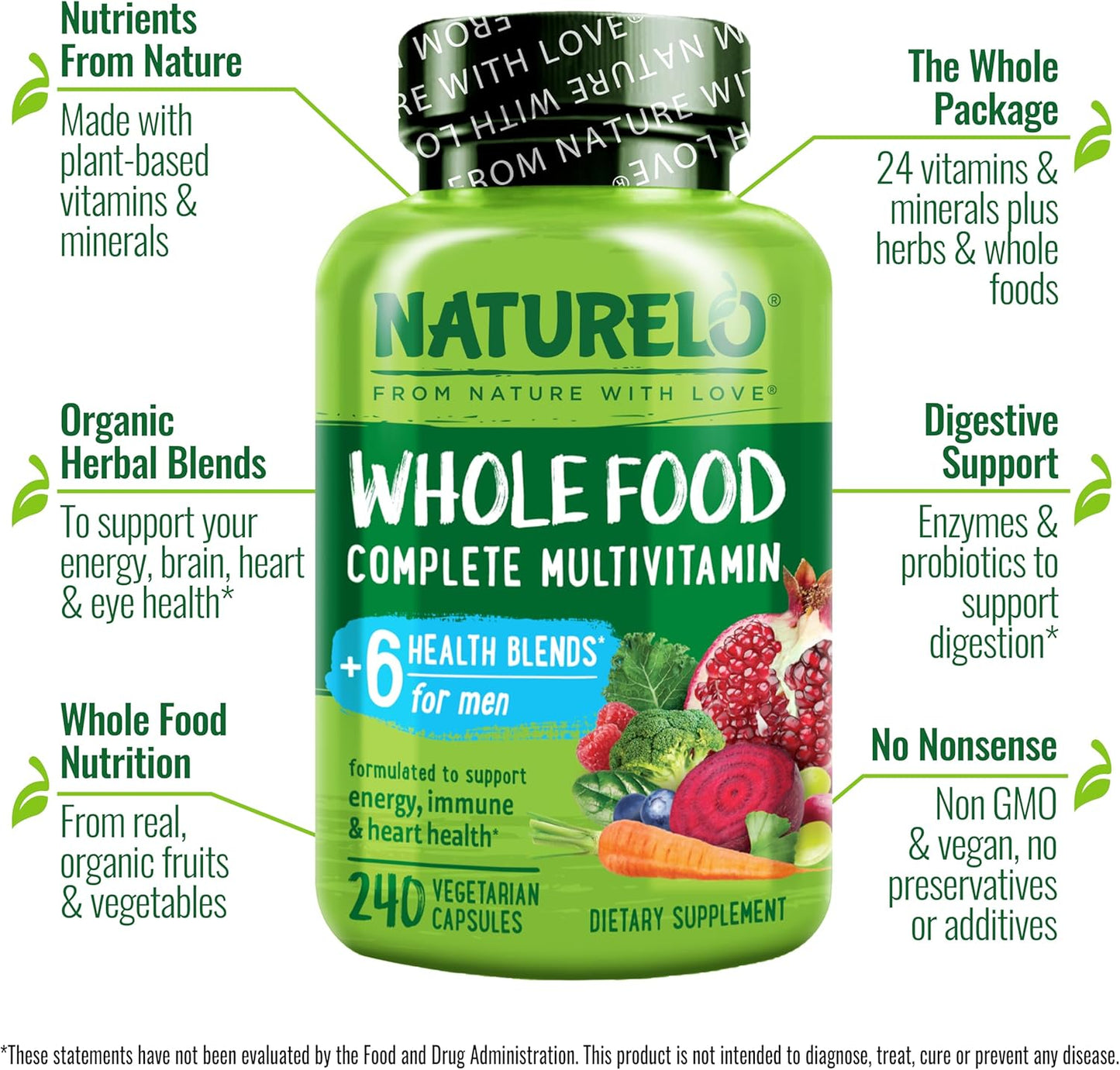 NATURELO Men's Multivitamin - Whole Food Supplement with Vitamins and Minerals, 240 Vegetarian Capsules - görsel 4