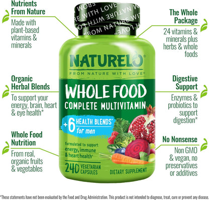 NATURELO Men's Multivitamin - Whole Food Supplement with Vitamins and Minerals, 240 Vegetarian Capsules