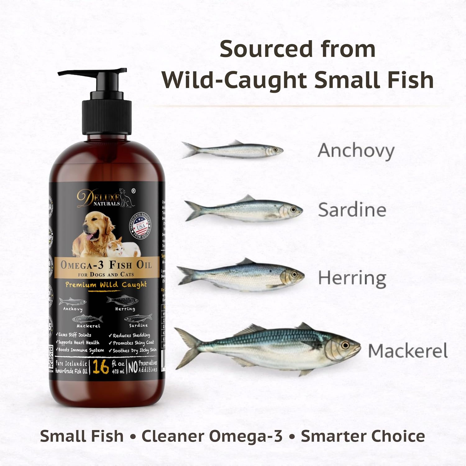 Deluxe Naturals Rich Omega-3 Fish Oil for Dogs & Cats - Wild-Caught EPA DHA Supplement, 473 ml - görsel 3