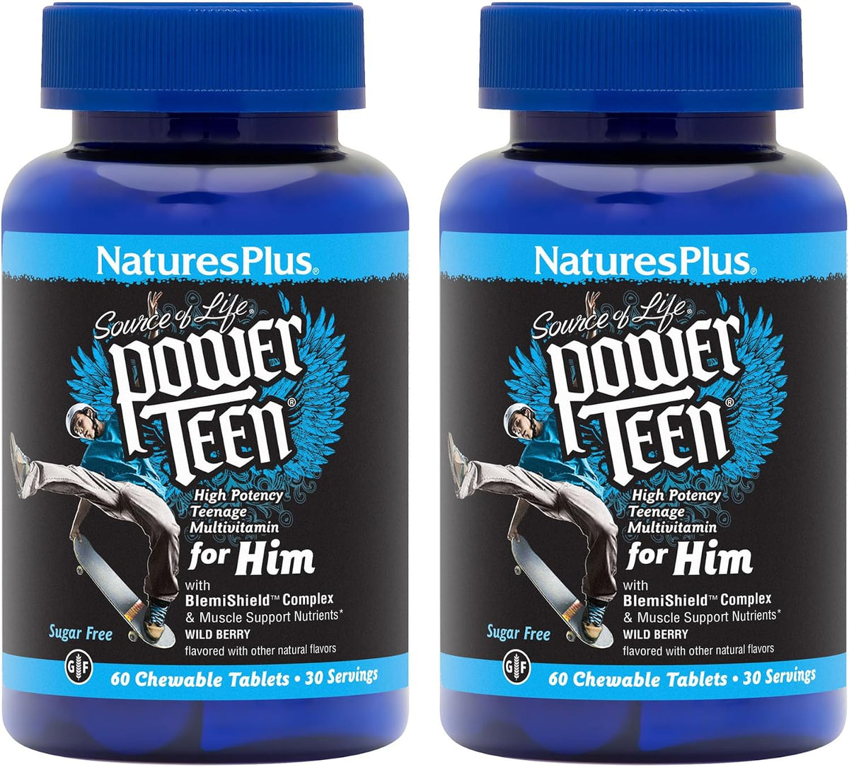NaturesPlus Power Teen for Him - 60 Chewable Tablets, Wild Berry - High-Potency Teenage Multivitamin - Sugar Free, Vegetarian, Gluten Free - 30 Servings - görsel 6