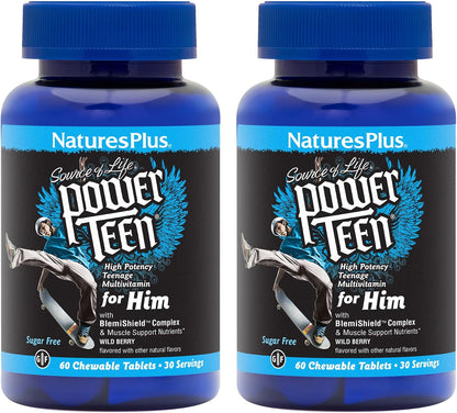 NaturesPlus Power Teen for Him - 60 Chewable Tablets, Wild Berry - High-Potency Teenage Multivitamin - Sugar Free, Vegetarian, Gluten Free - 30 Servings