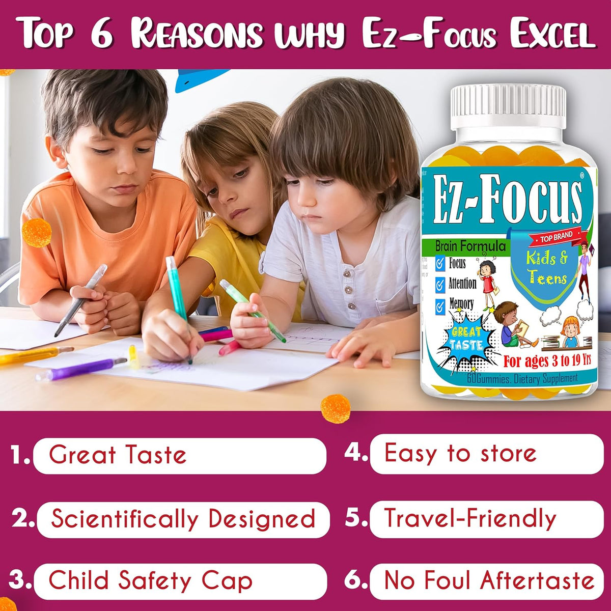 Ez-Focus Gummies for Kids, Teens & Youth – Brain Focus & Memory Support with DHA & Omega-3 (60 Count) - görsel 8