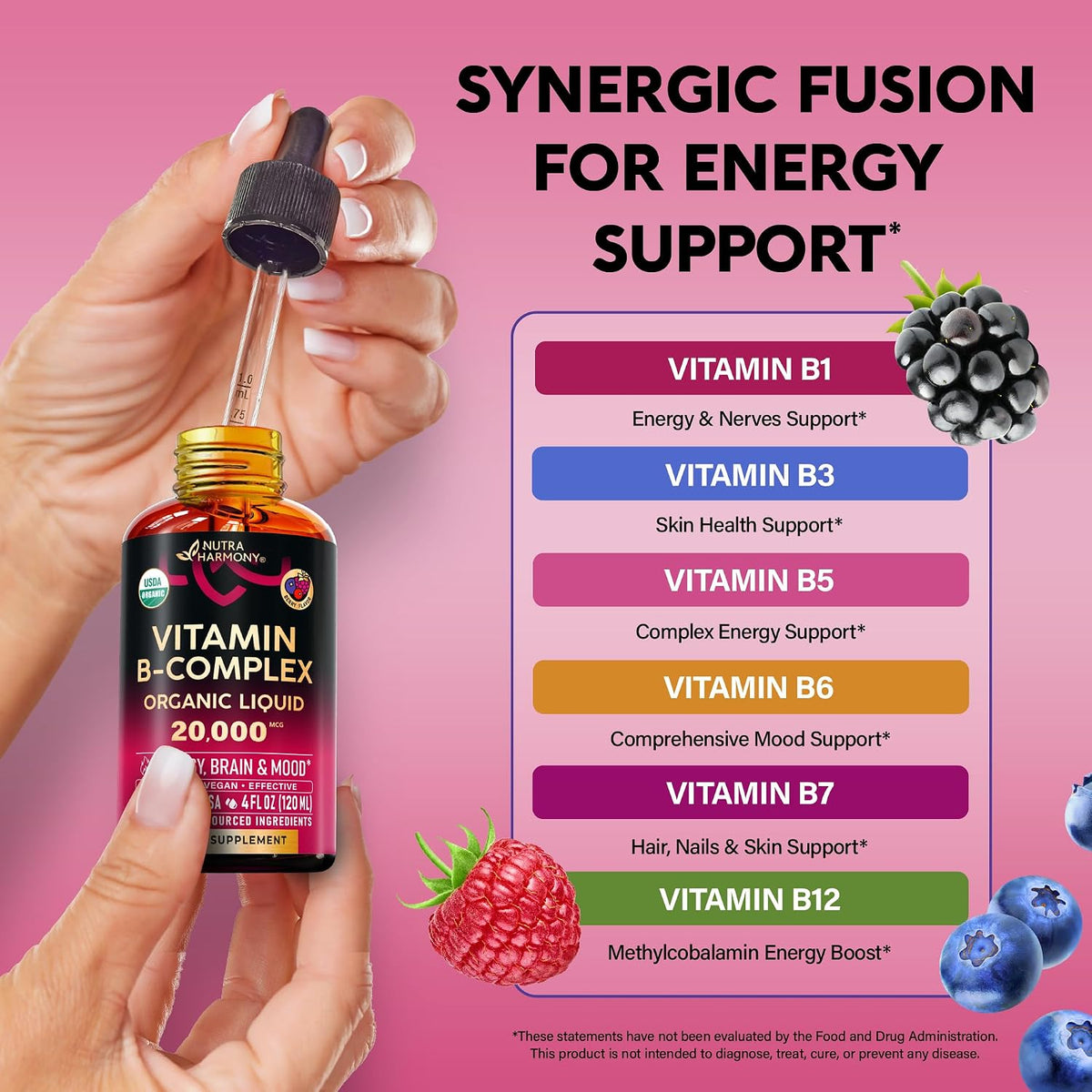Organic Vitamin B-Complex Liquid Drops – B5 Pantothenic Acid, B12 Methylcobalamin, B1 Thiamine, B6 Pyridoxine, B7 Biotin, B9 Folic Acid, B3 Niacinamide – Natural Berry Flavour, 118 ml - görsel 6