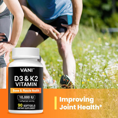 Vitamin D3 (10000 IU) + K2 (MK-7) – 90 Soft gel capsules for Bone, Muscle & Teeth Health