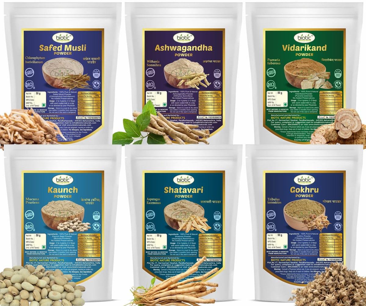 Biotic Safed Musli, Ashwagandha, Shatavari, Gokhru, Vidarikand & Kaunch Seed Powder - 300g (50g each) - görsel 1