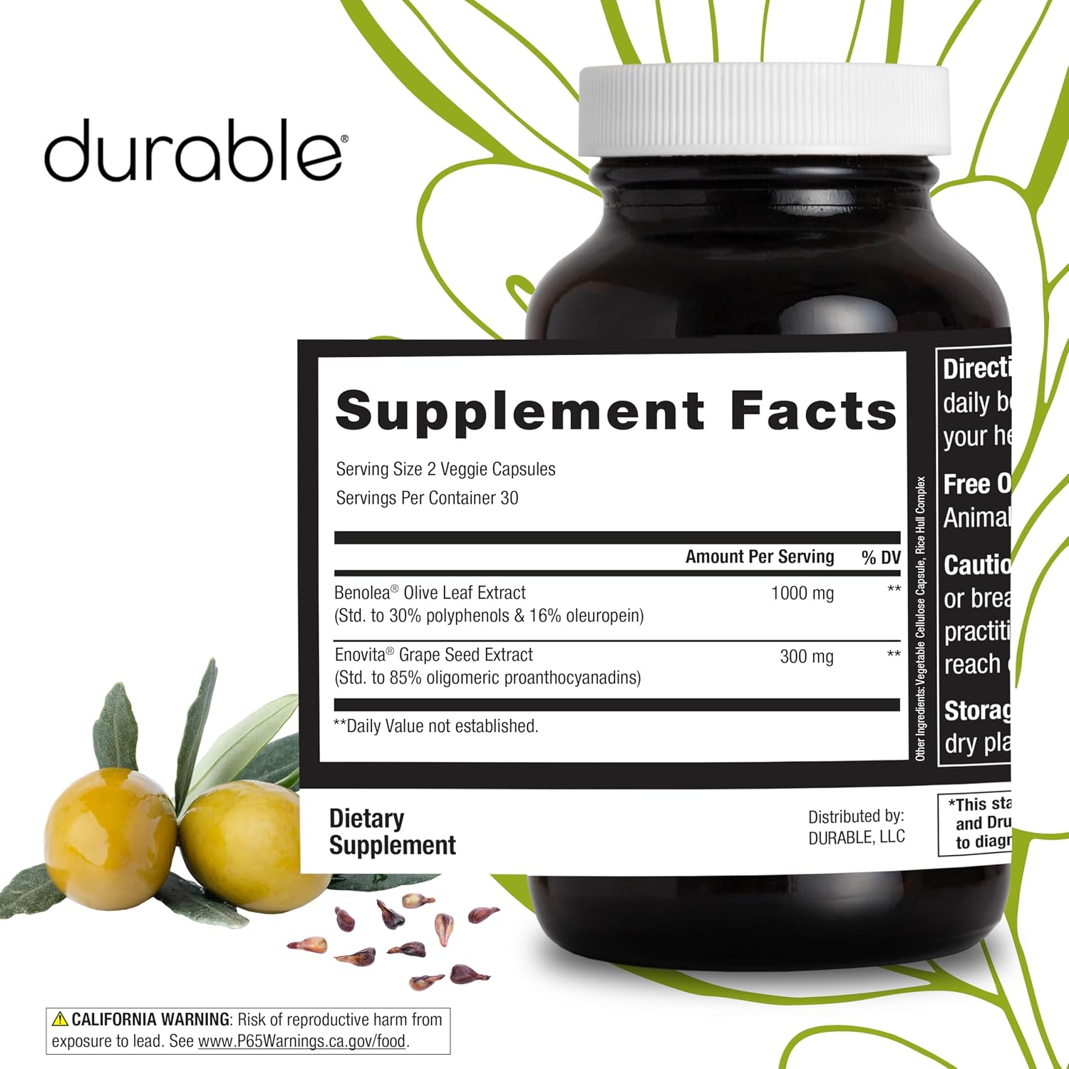 Durable Blood Pressure – Benolea Olive Leaf & Enovita Grape Seed Extract – Normal Circulation, Nitric Oxide & Artery Support – Doctor-Formulated, Vegan, Non-GMO, Made in USA (180 Capsules) - görsel 6