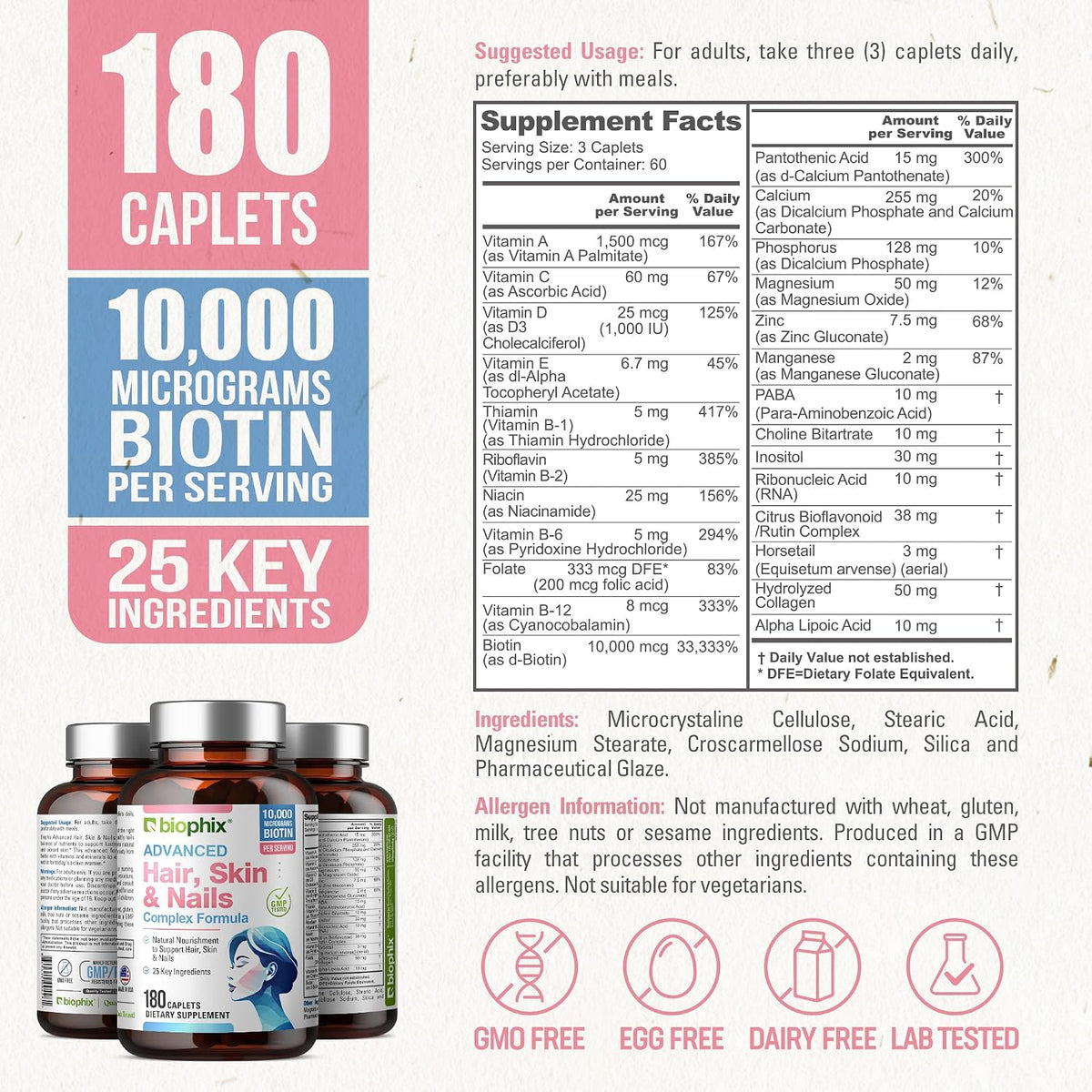 biophix Hair Skin and Nails Complex – 180 Caplets with 10,000 mcg Biotin - görsel 4