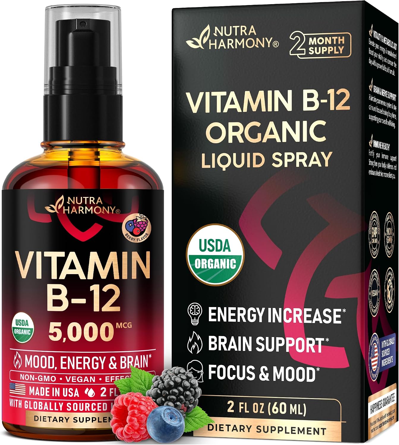 USDA Organic Vitamin B12 Sublingual Spray – 5000 mcg Methylcobalamin – Vegan Liquid Supplement – 60 ml - görsel 1
