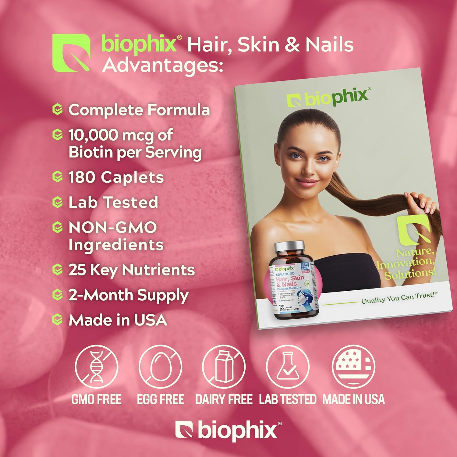 biophix Hair Skin and Nails Complex – 180 Caplets with 10,000 mcg Biotin - görsel 3