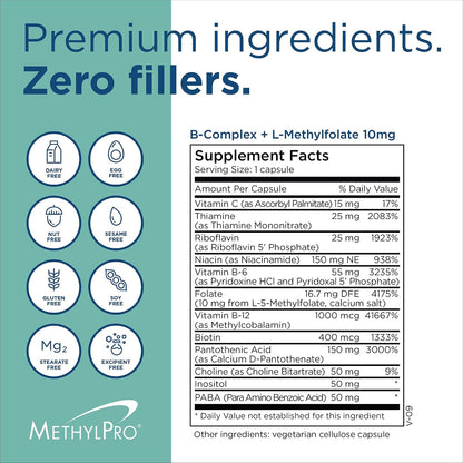 MethylPro B Complex + L-Methylfolate 10 mg - Bio-available Methylated Vitamin Blend - Supports Energy and Psychological Function - 30 Capsules