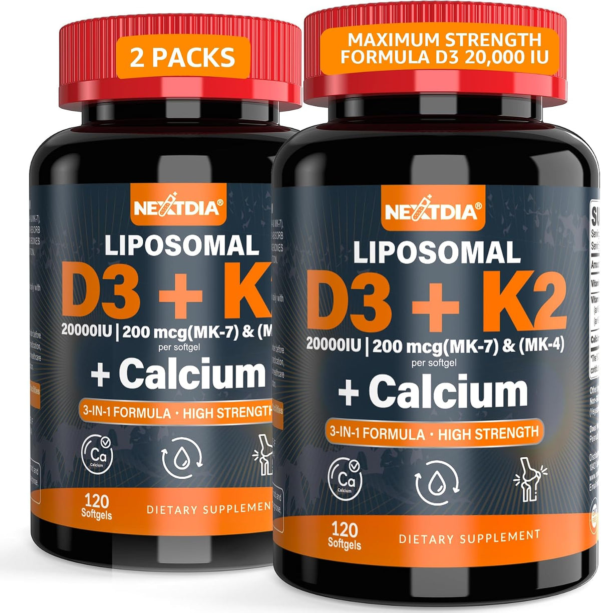 Nextdia Vitamin D3 20,000 IU + K2 (MK-4 & MK-7) with Calcium Citrate – Bone & Muscle Support, 240 Softgels (2 Pack) - görsel 1
