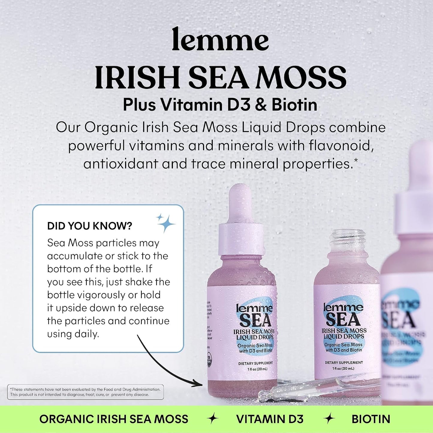 Lemme Irish Sea Moss Organic Liquid Drops with Vitamin D3 & Biotin – For Normal Thyroid Function, Immunity, Hair, Skin & Nails, 30 ml (30-Day Supply) - görsel 2