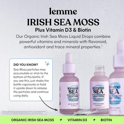 Lemme Irish Sea Moss Organic Liquid Drops with Vitamin D3 & Biotin – For Normal Thyroid Function, Immunity, Hair, Skin & Nails, 30 ml (30-Day Supply)