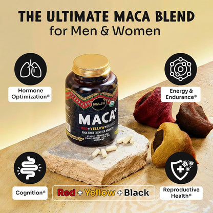 Maju Superfoods 4-in-1 Organic Maca Root Capsules - Black, Yellow & Red with Black Pepper Extract (120 Capsules)