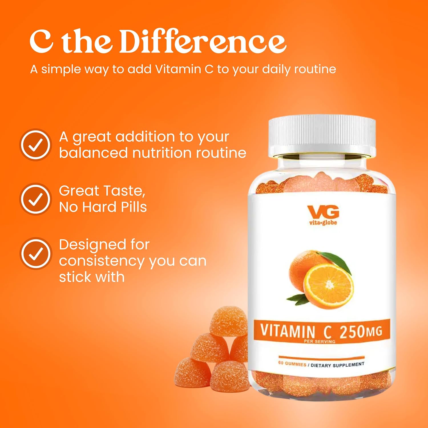 VITA GLOBE Vitamin C Gummies 250mg with Collagen – Vegan, Non-GMO, Immune Support – Orange Flavour – 60 Count (2 Pack) - görsel 5